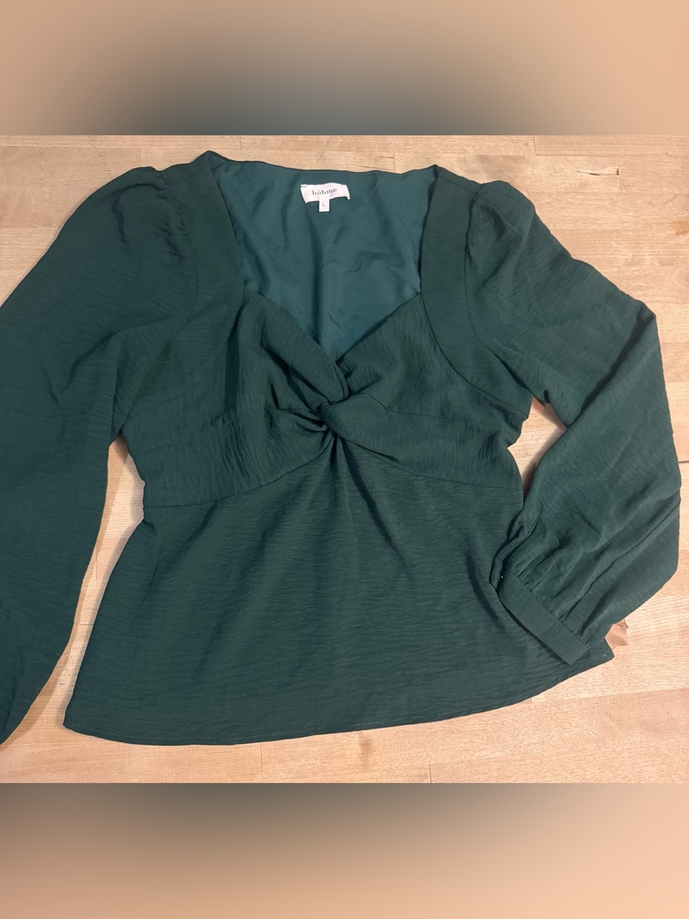 bohme Forest Green Twist-Front sweetheart neck Long Sleeve Blouse